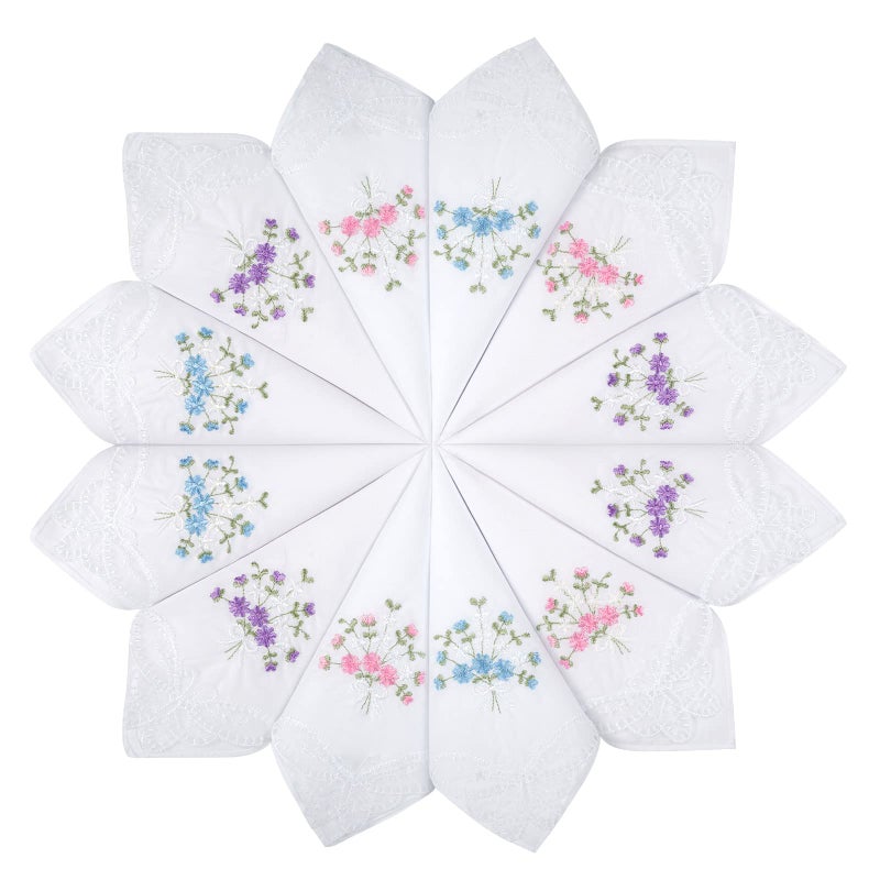 Selected Hanky Women's Cotton Handkerchiefs Flower Embroidered with Lace, Ladies Hankies 12 Pcs - Assorted - Image 1